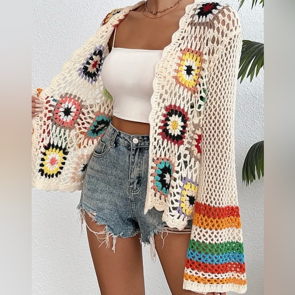 NEW| Women's Crochet Floral Pattern Long Sleeve Lightweight Knit Cadigan - Picture 6 of 8